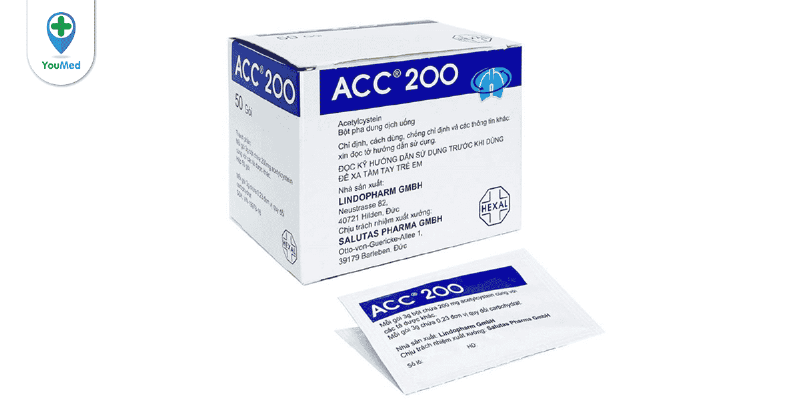 Hình ảnh minh họa bao bì thuốc ACC 200 với thông tin liều dùng và hoạt chất Acetylcysteine