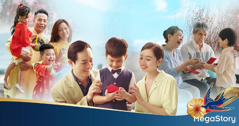 Ảnh gia đình sum vầy ngày tết khỏe mạnh bên cành đào và thực phẩm bổ sung