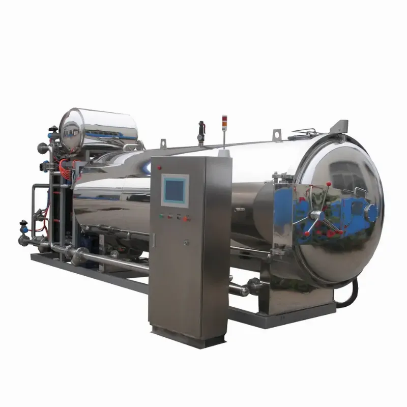 Hình ảnh nồi hấp tiệt trùng công nghiệp lớn trong nhà máy gia công thực phẩm bảo vệ sức khỏe, minh họa quy trình hoạt động.